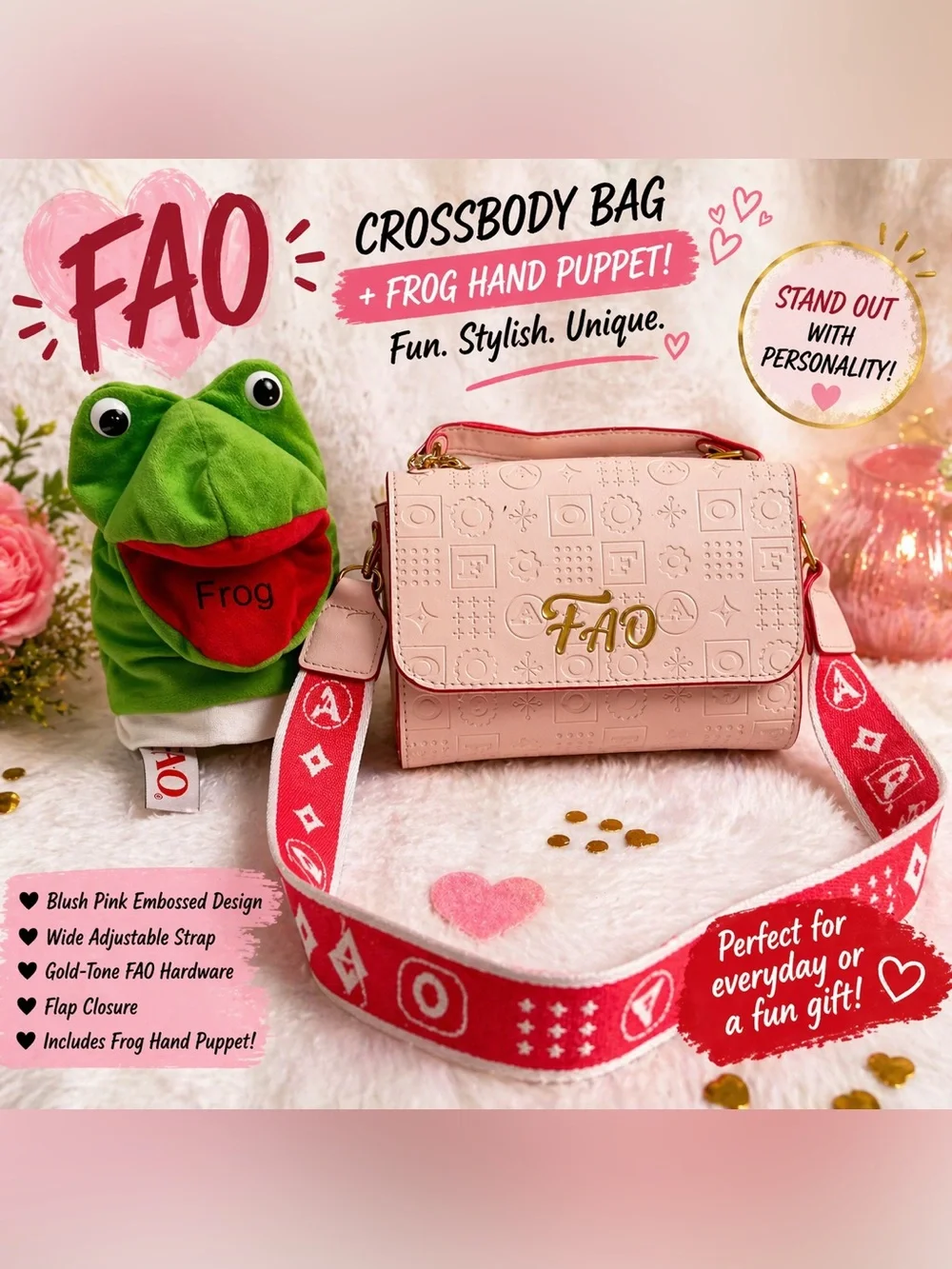 FAO Schwarz Blush Pink Embossed Crossbody Bag Red Strap Frog Hand Puppet